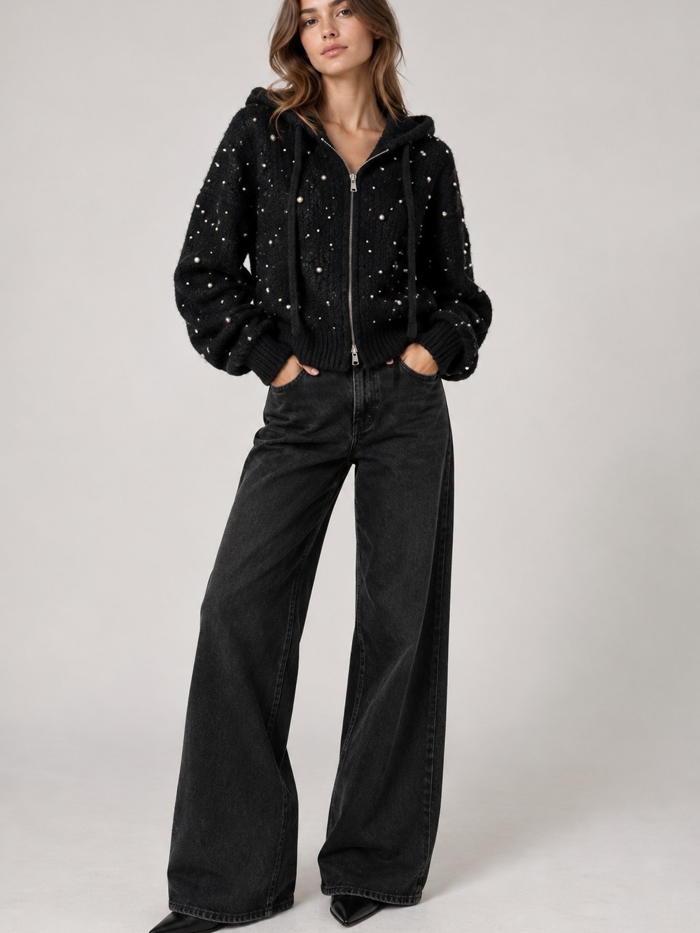 Zara Black Embellished Knit Zip-Up Hoodie Cardigan Size S